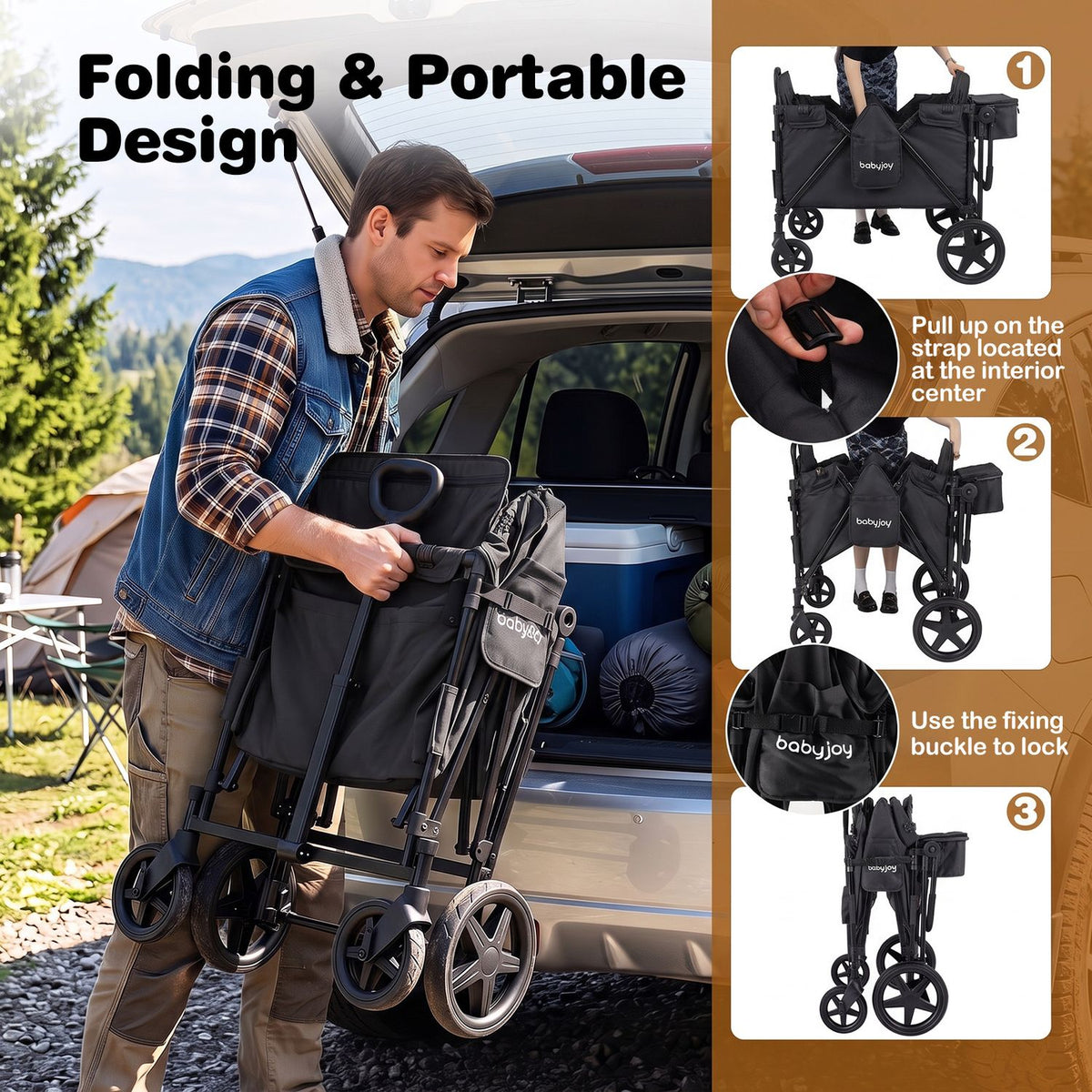 Foldable 4-Seater Push-Pull Wagon Stroller with Adjustable Canopy and Handles