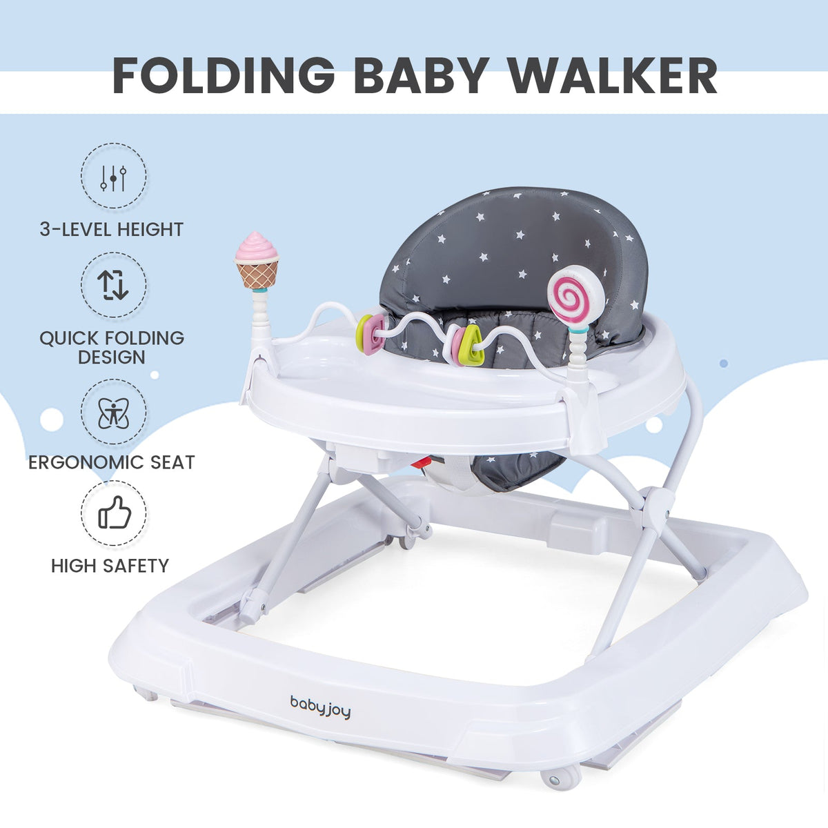 Foldable Baby Activity Walker with Adjustable Height and Detachable Seat Cushion