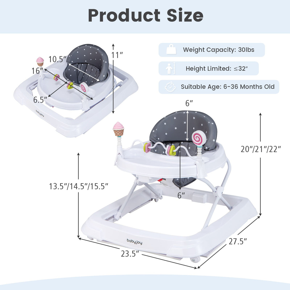 Foldable Baby Activity Walker with Adjustable Height and Detachable Seat Cushion