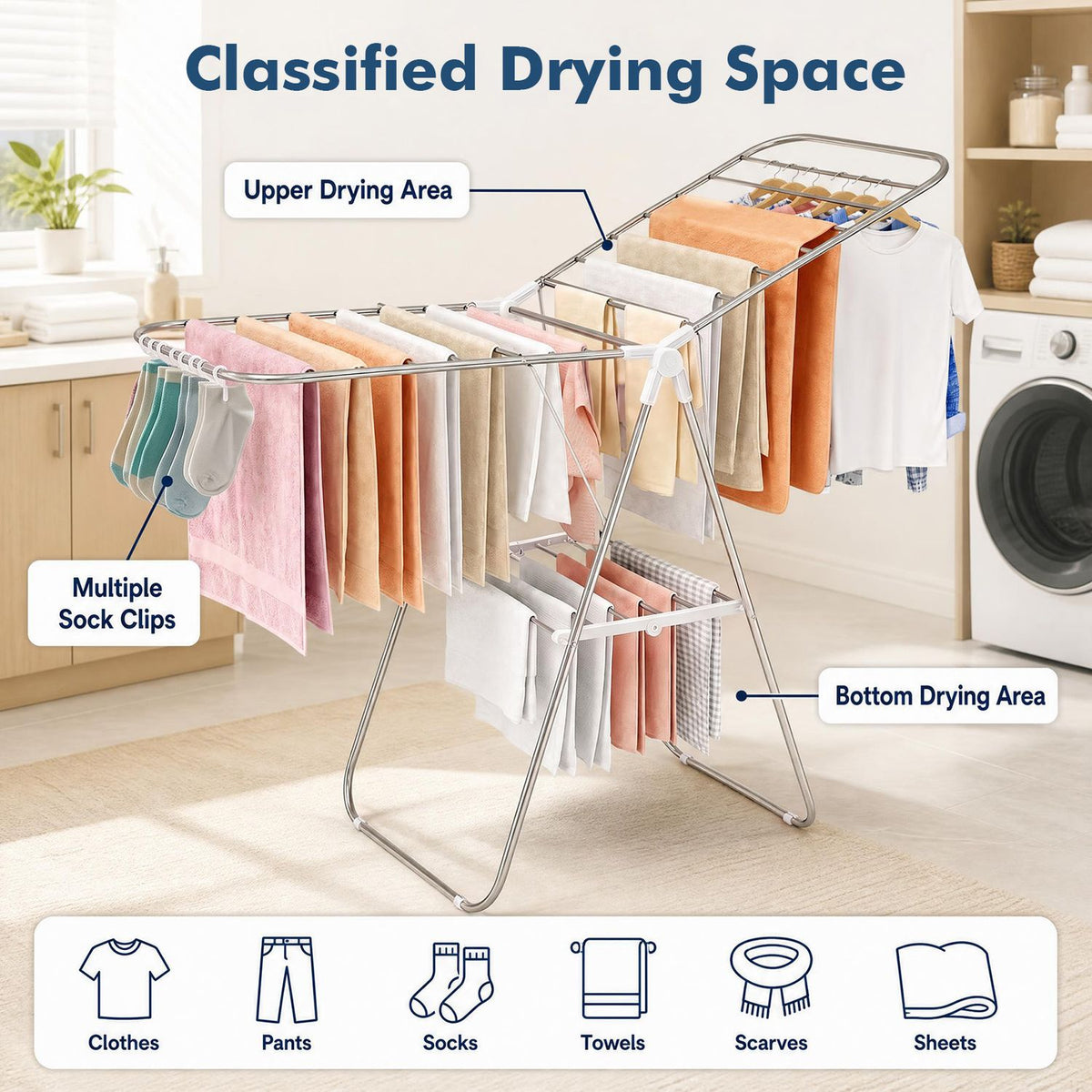 Foldable Clothes Drying Rack with Sock Clips Heavy-Duty Stainless Steel Frame
