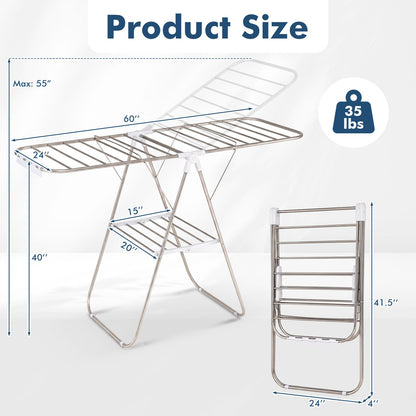 Foldable Clothes Drying Rack with Sock Clips Heavy-Duty Stainless Steel Frame