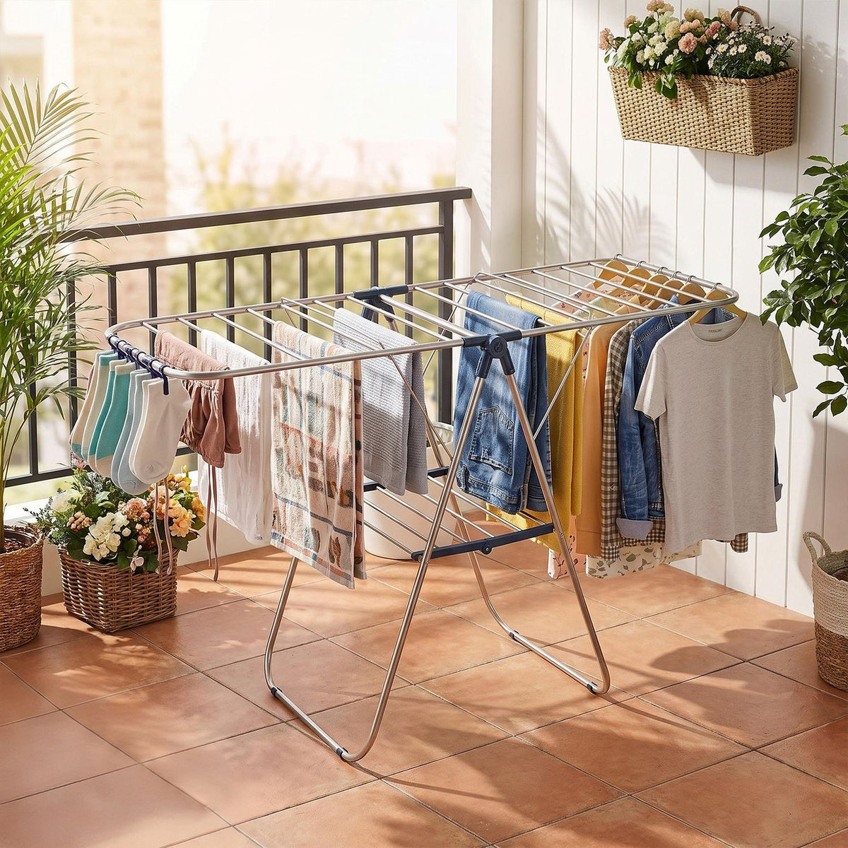 Foldable Clothes Drying Rack with Sock Clips Heavy-Duty Stainless Steel Frame