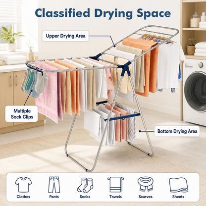 Foldable Clothes Drying Rack with Sock Clips Heavy-Duty Stainless Steel Frame