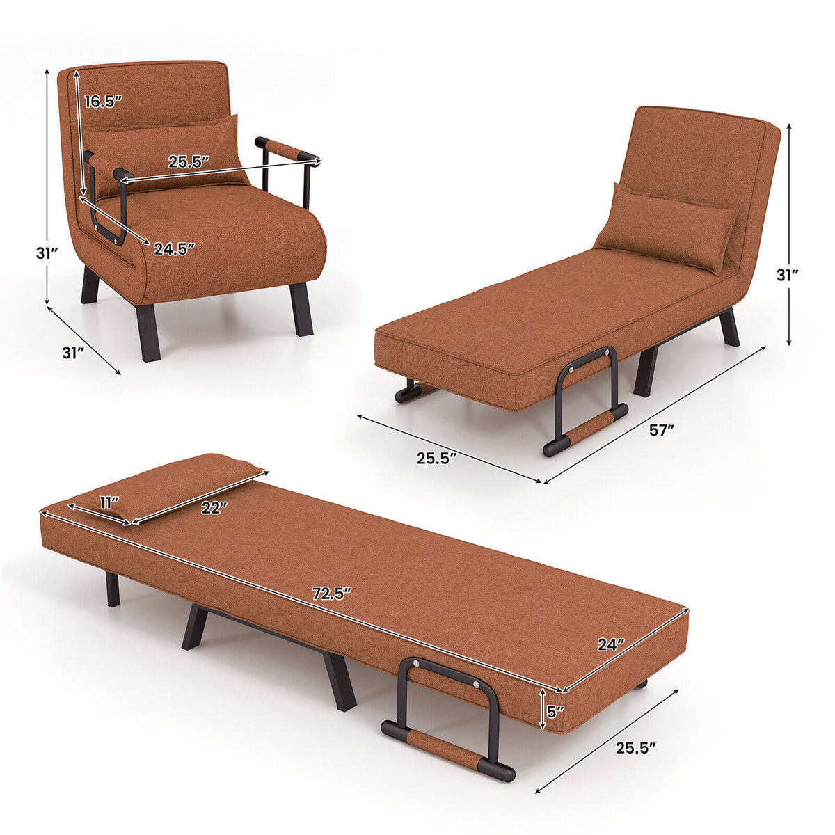 Convertible Sleeper Chair with 6 Position Adjustable Backrest