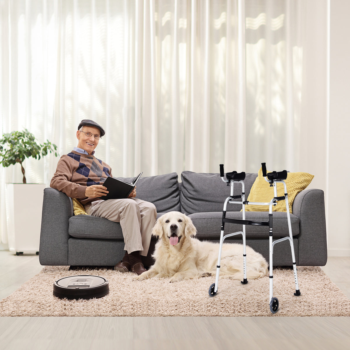 Folding Height Adjustable Walking Frame with Armrest Support-Silver