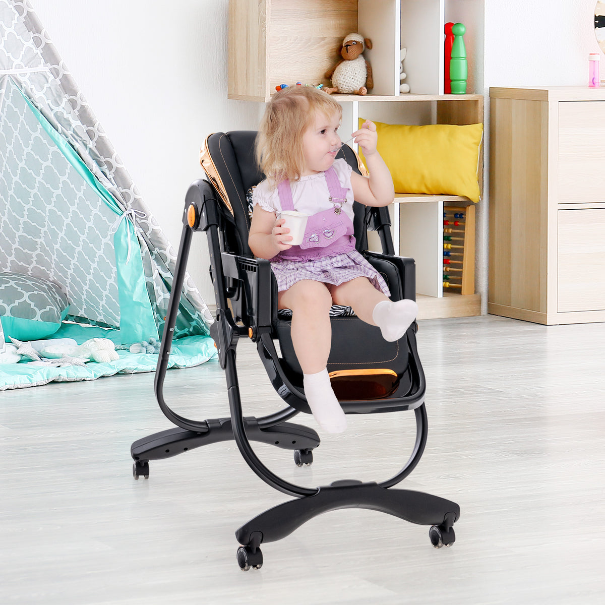 Folding Baby High Chair with Adjustable Height and Recline