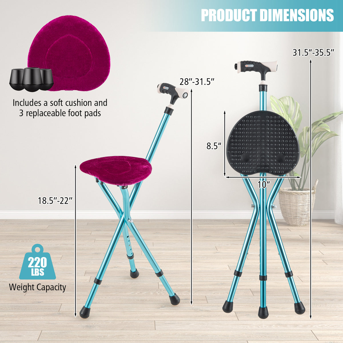 Lightweight Adjustable Folding Cane Seat with Light-Black