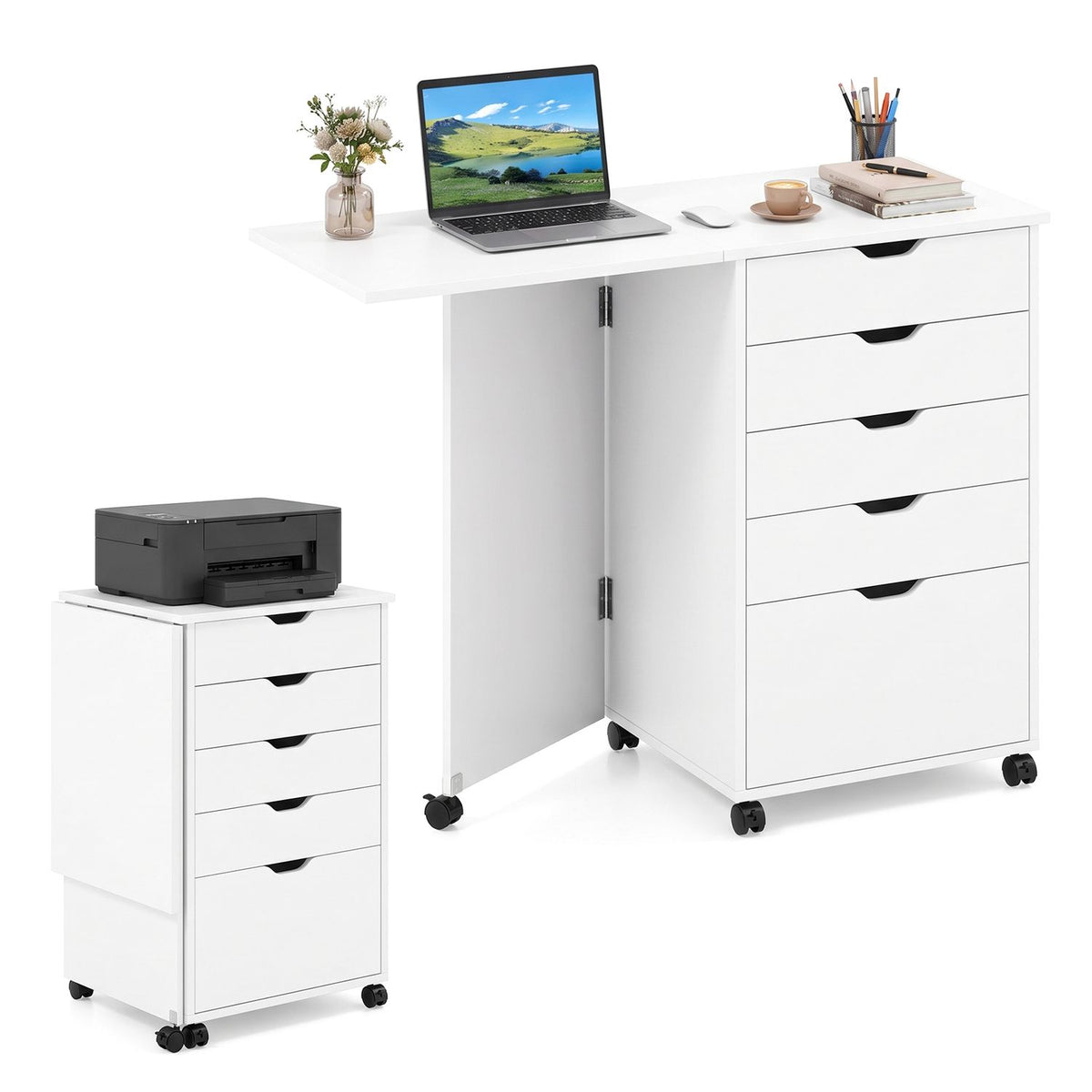 Folding Desk with Storage Drawers and Wheels for Dorms Apartments