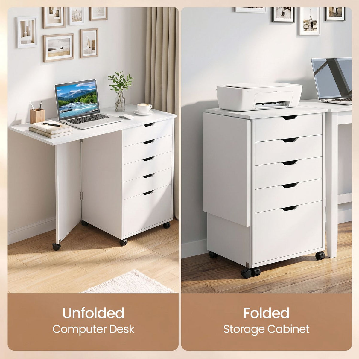 Folding Desk with Storage Drawers and Wheels for Dorms Apartments