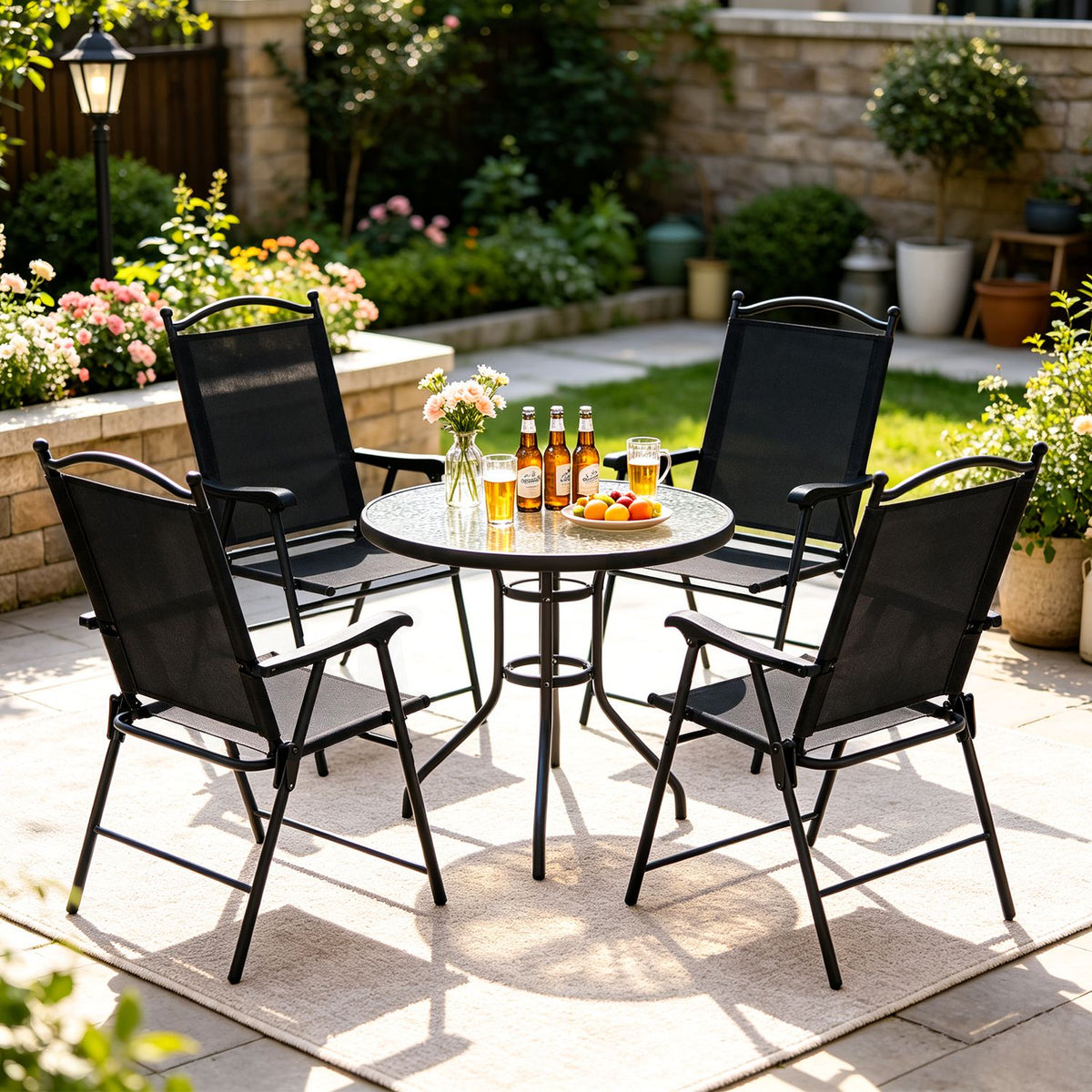 Folding Patio Chairs Set of 4 Outdoor Lawn Deck Seats with Armrests High Back-Black