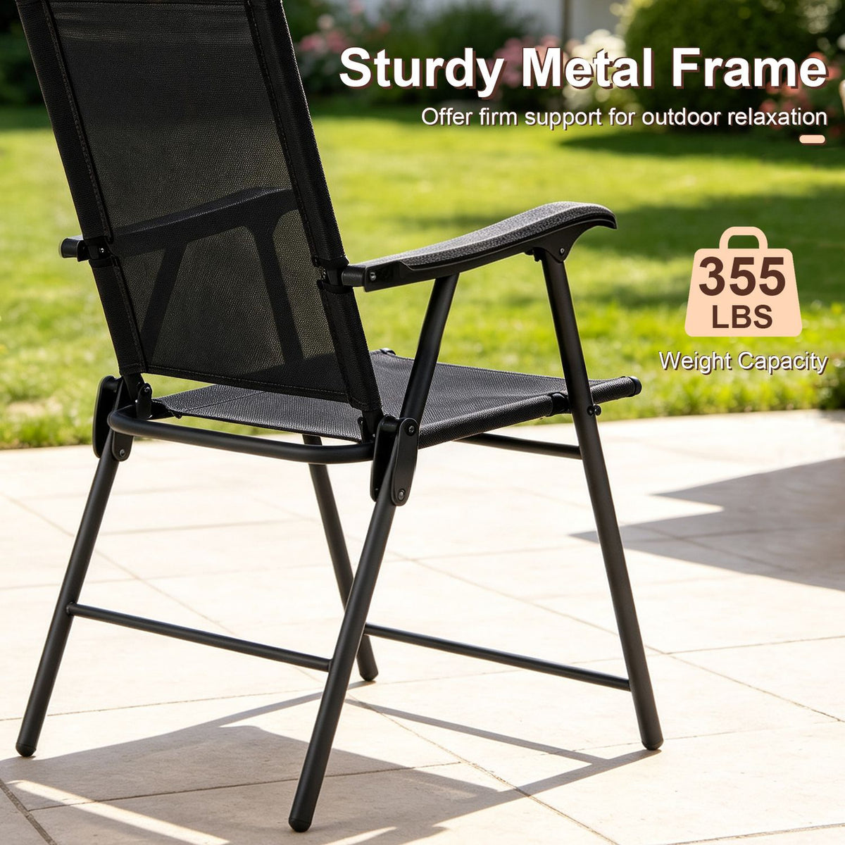 Folding Patio Chairs Set of 4 Outdoor Lawn Deck Seats with Armrests High Back-Black