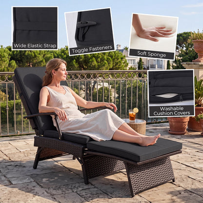 Folding Wicker Chaise Lounge with Adjustable Backrest & Ottoman