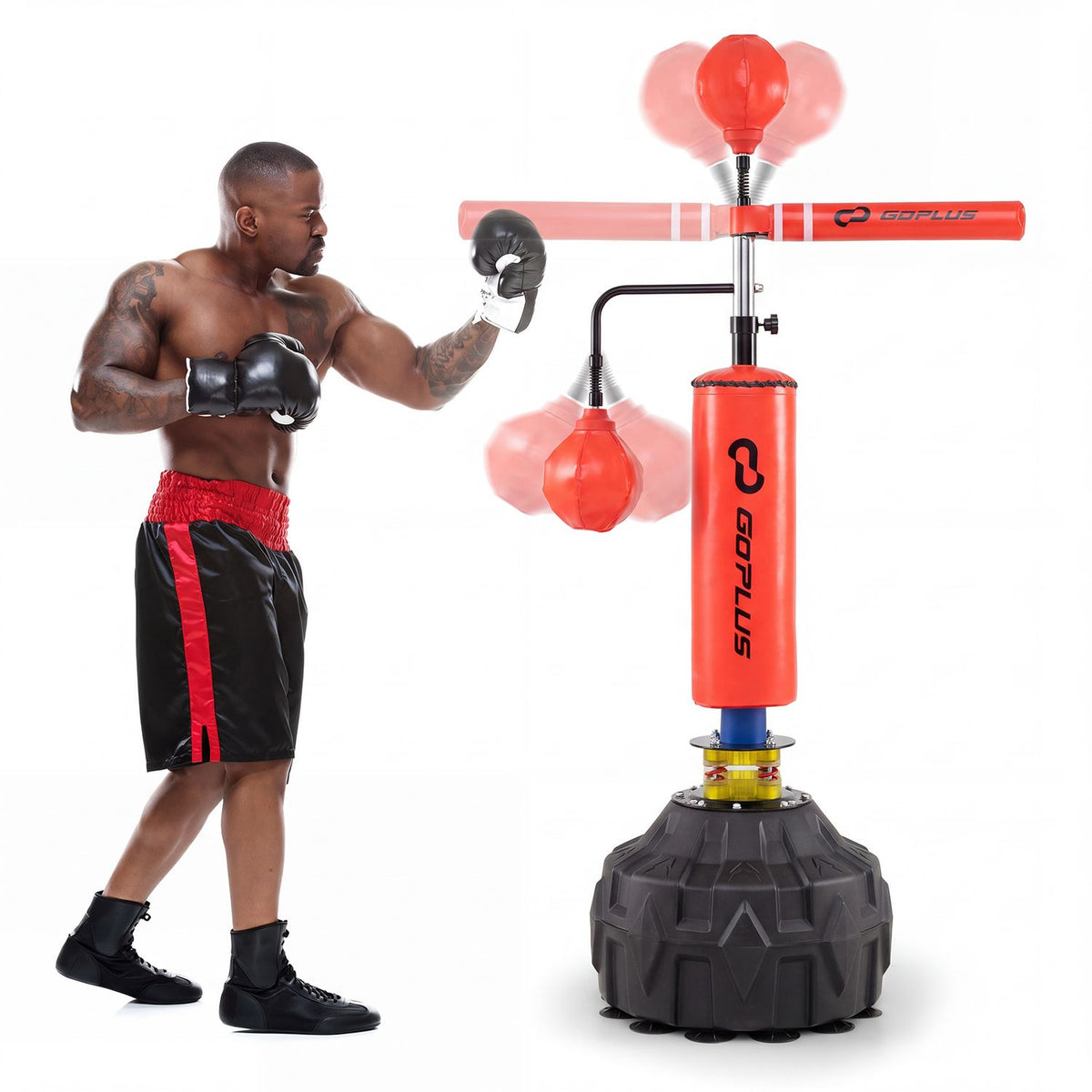 Freestanding Punching Bag with 360° Rotating Bar Dual Speed Balls Adjustable Height for MMA Reflex Training-Red