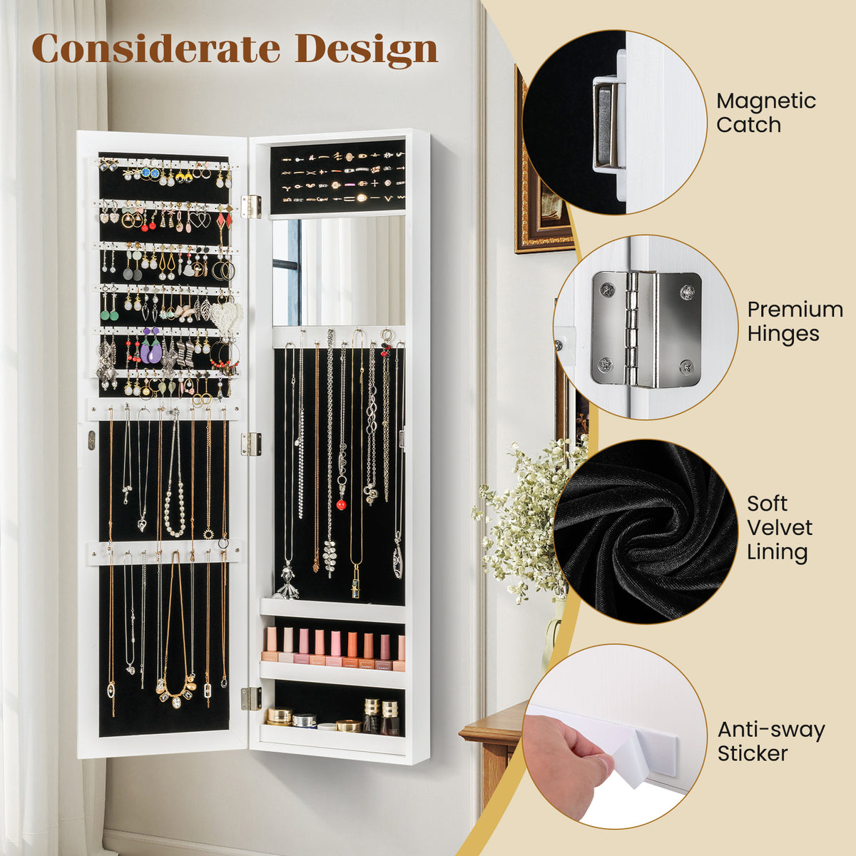 Full Length Mirror Jewelry Cabinet with Wall Mount
