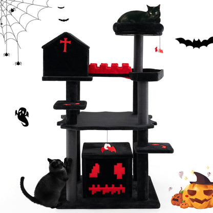 Gothic Cat Tree 49 Inch Tall Cat Tower 6-Tier Cat Activity Center with Coffin Bed-Black