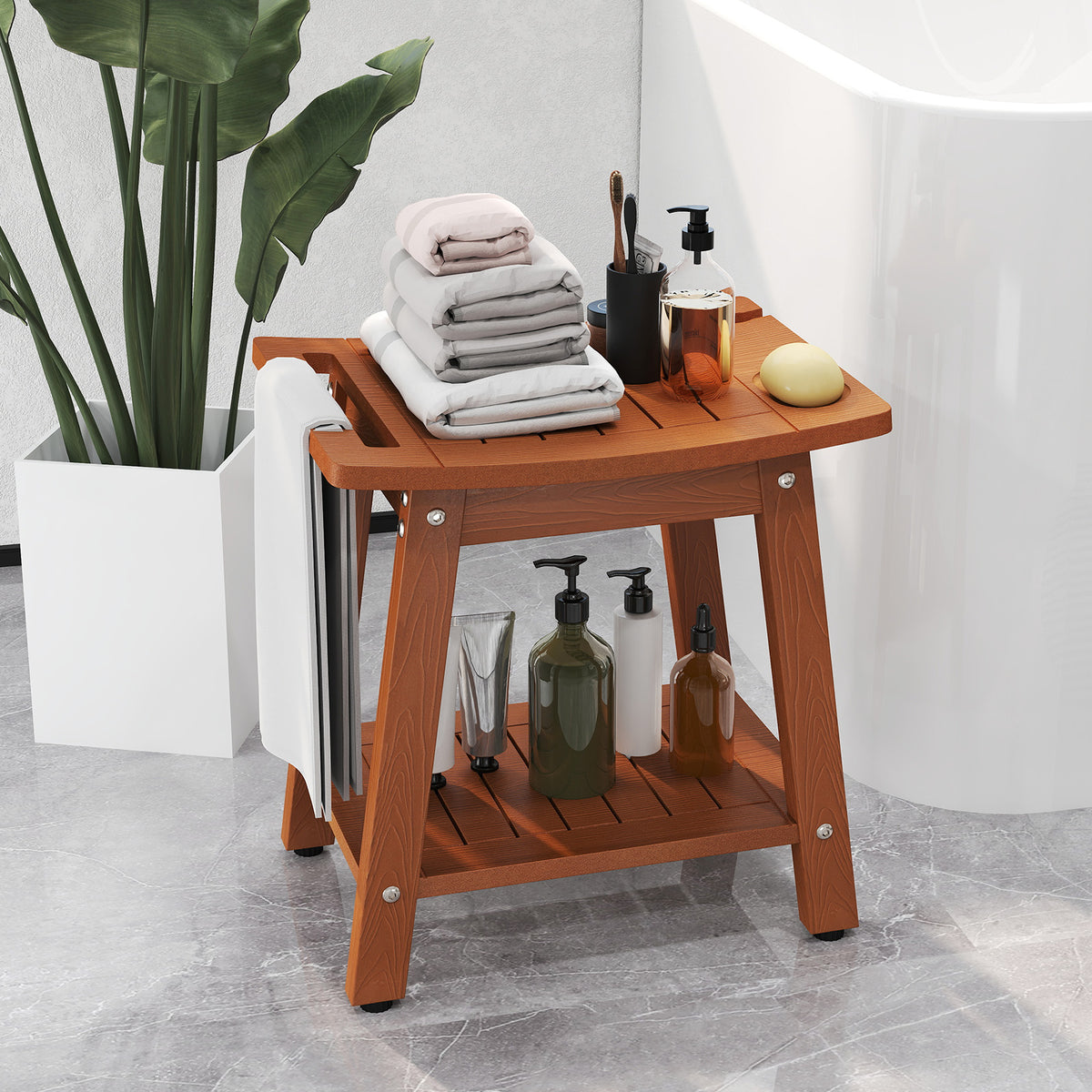 HIPS Shower Bench Seat with Handle Shower Head-Brown
