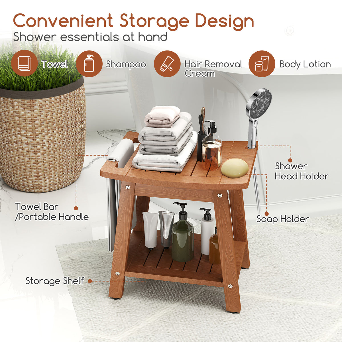 HIPS Shower Bench Seat with Handle Shower Head-Brown
