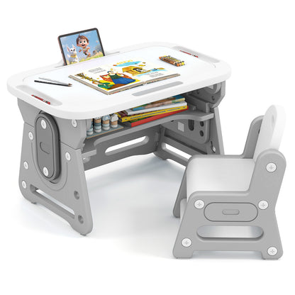 Kids Table and Chair Set with Adjustable Height & Tiltable Whiteboard