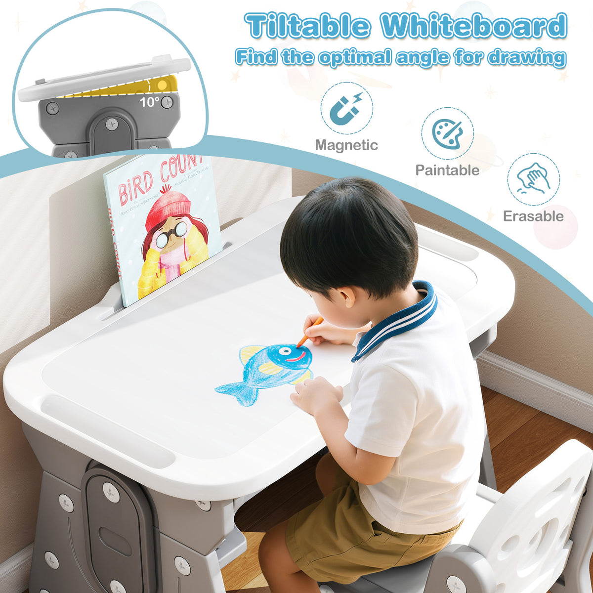 Kids Table and Chair Set with Adjustable Height & Tiltable Whiteboard