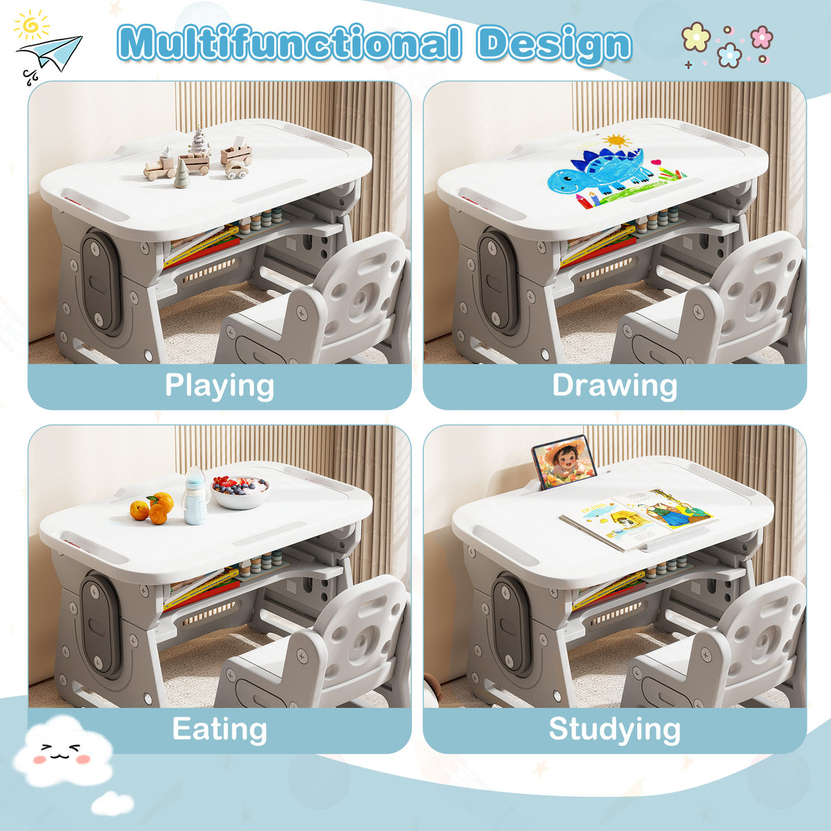 Kids Table and Chair Set with Adjustable Height & Tiltable Whiteboard