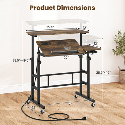 Mobile Standing Desk with Power Outlets & Adjustable Height