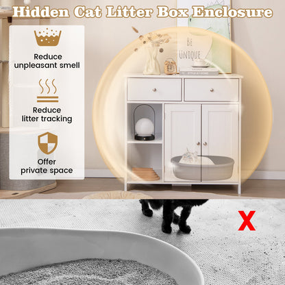 Hidden Cat Washroom Side Cabinet Wooden Pet House with 2 Drawers-White