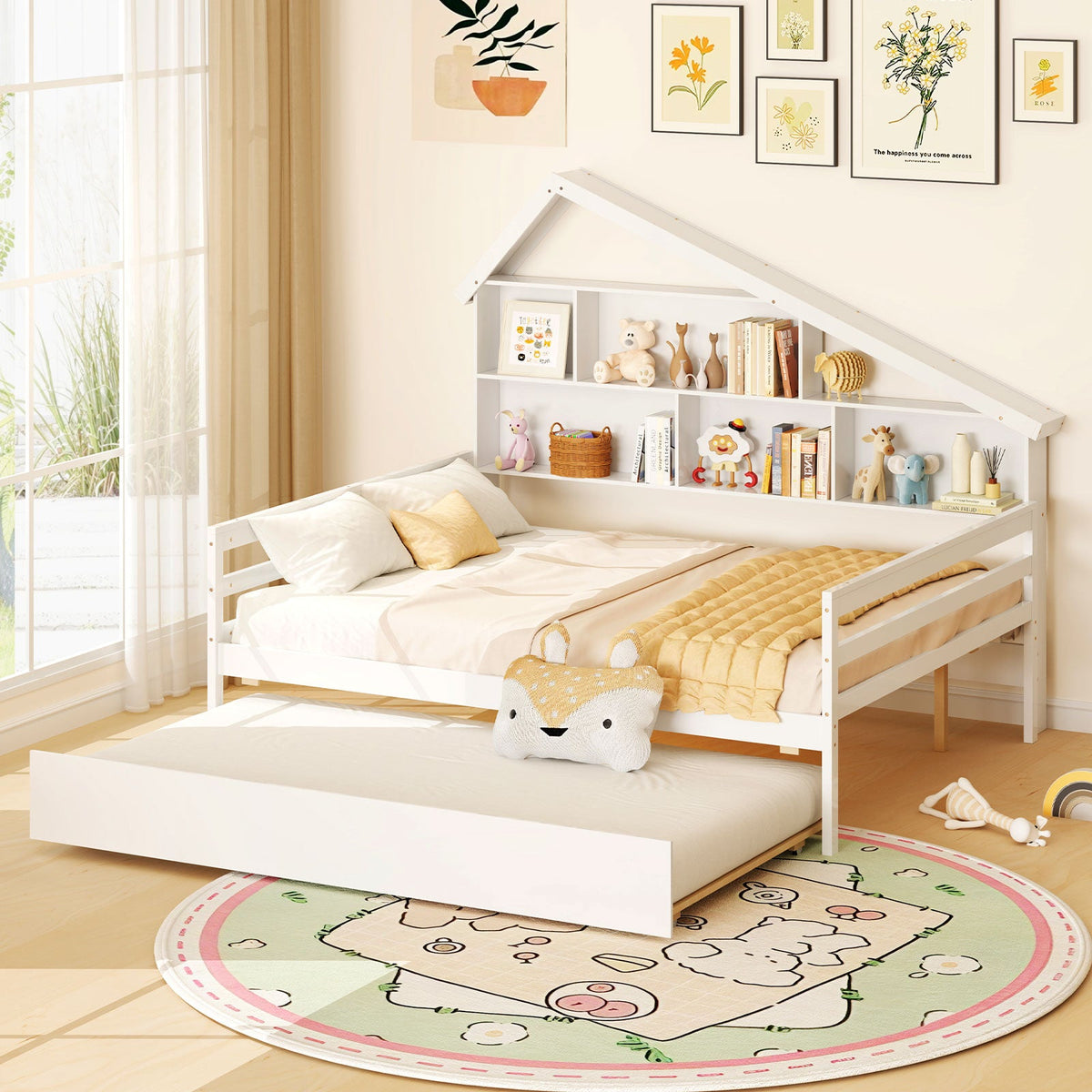 House-Shaped Full Size Daybed with Twin Size Trundle-White