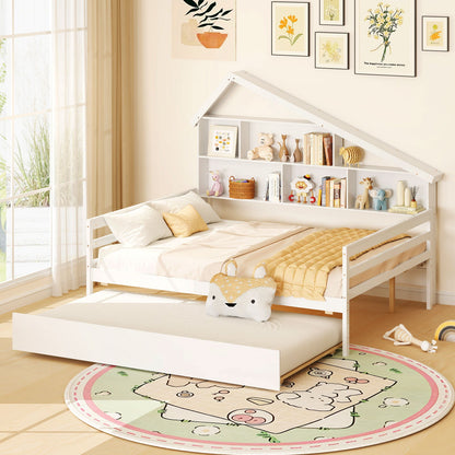House-Shaped Full Size Daybed with Twin Size Trundle-White