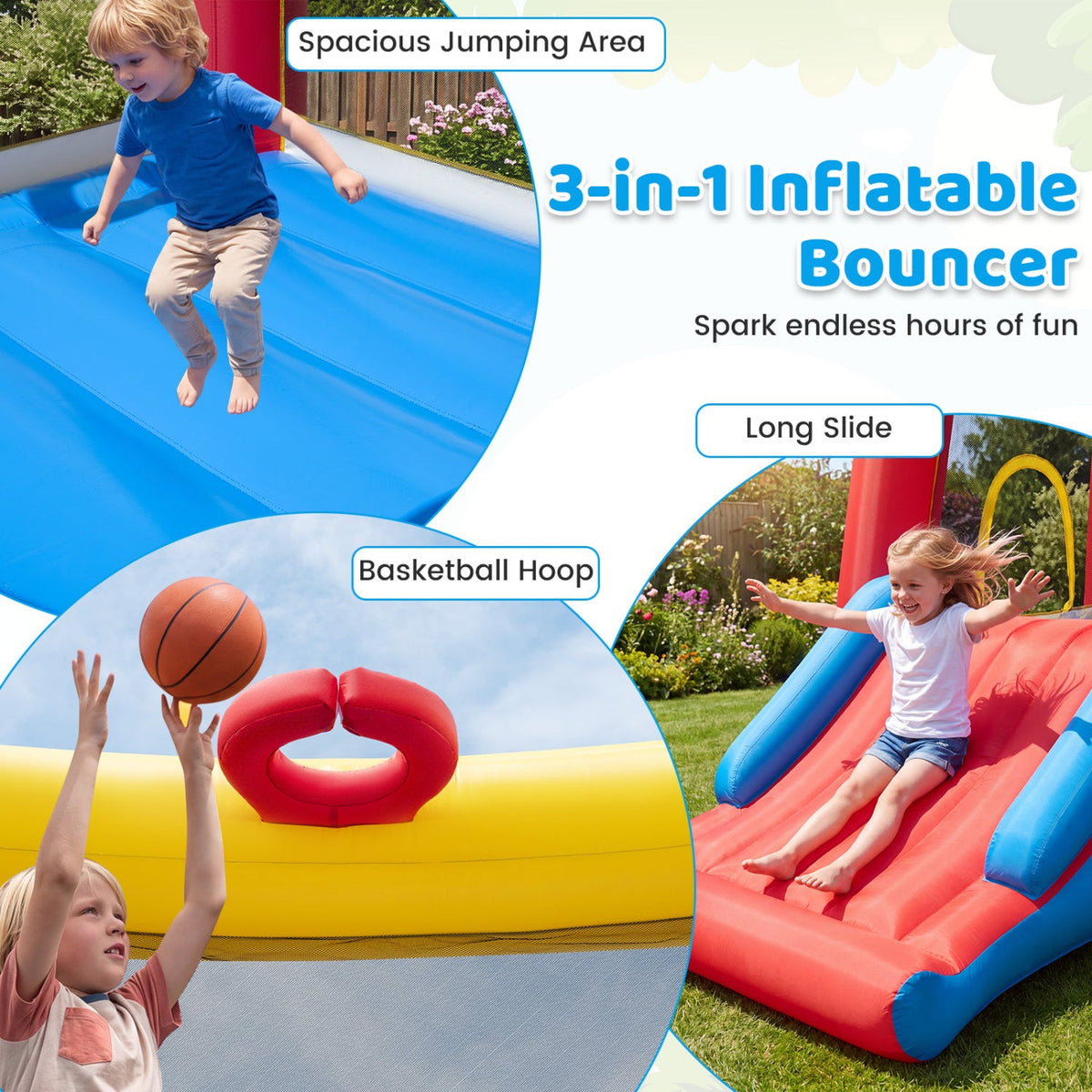 Inflatable Bounce House with Slide & Basketball Hoop