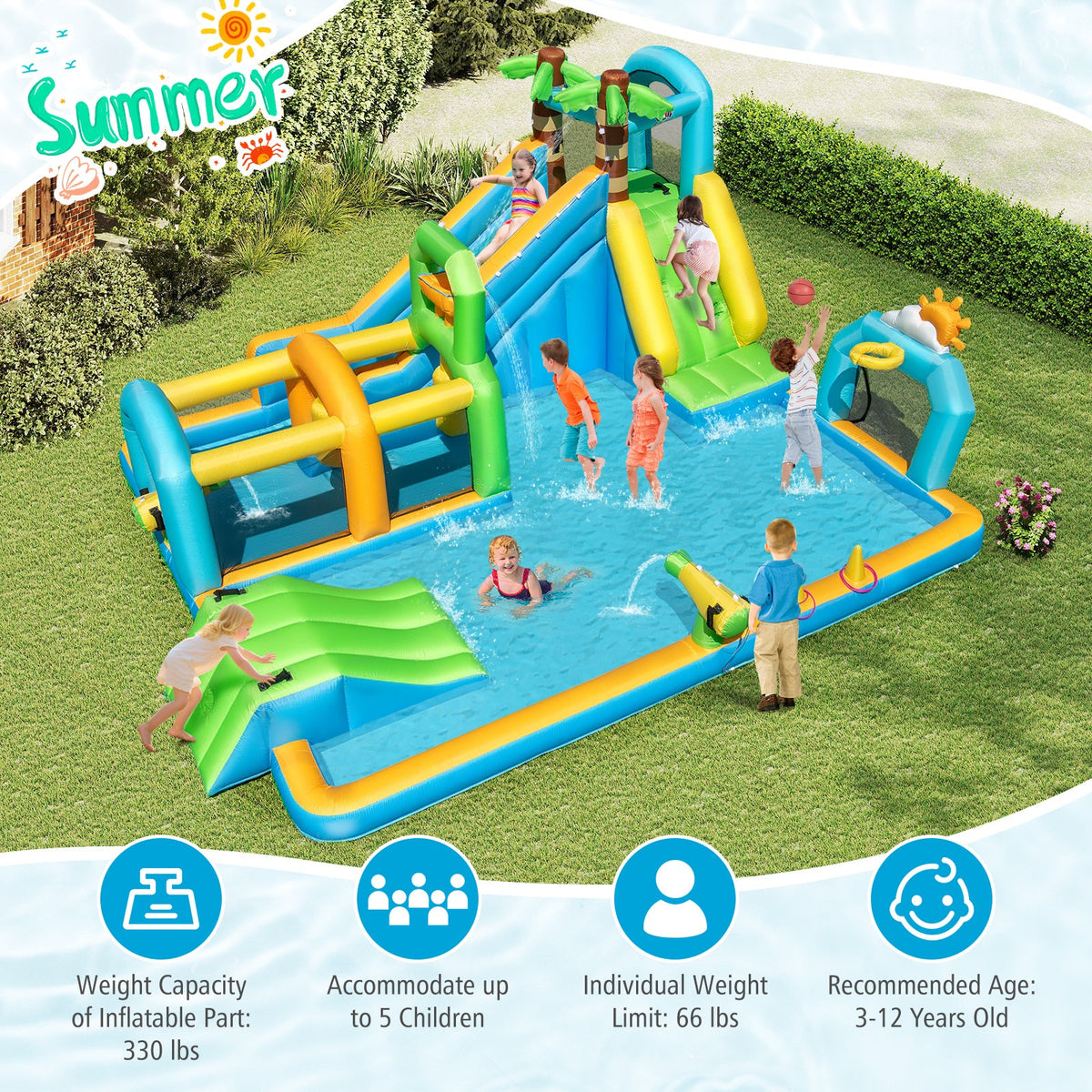 Inflatable Water Slide Tropical Theme Dual Slide Aqua Park with 680W Blower