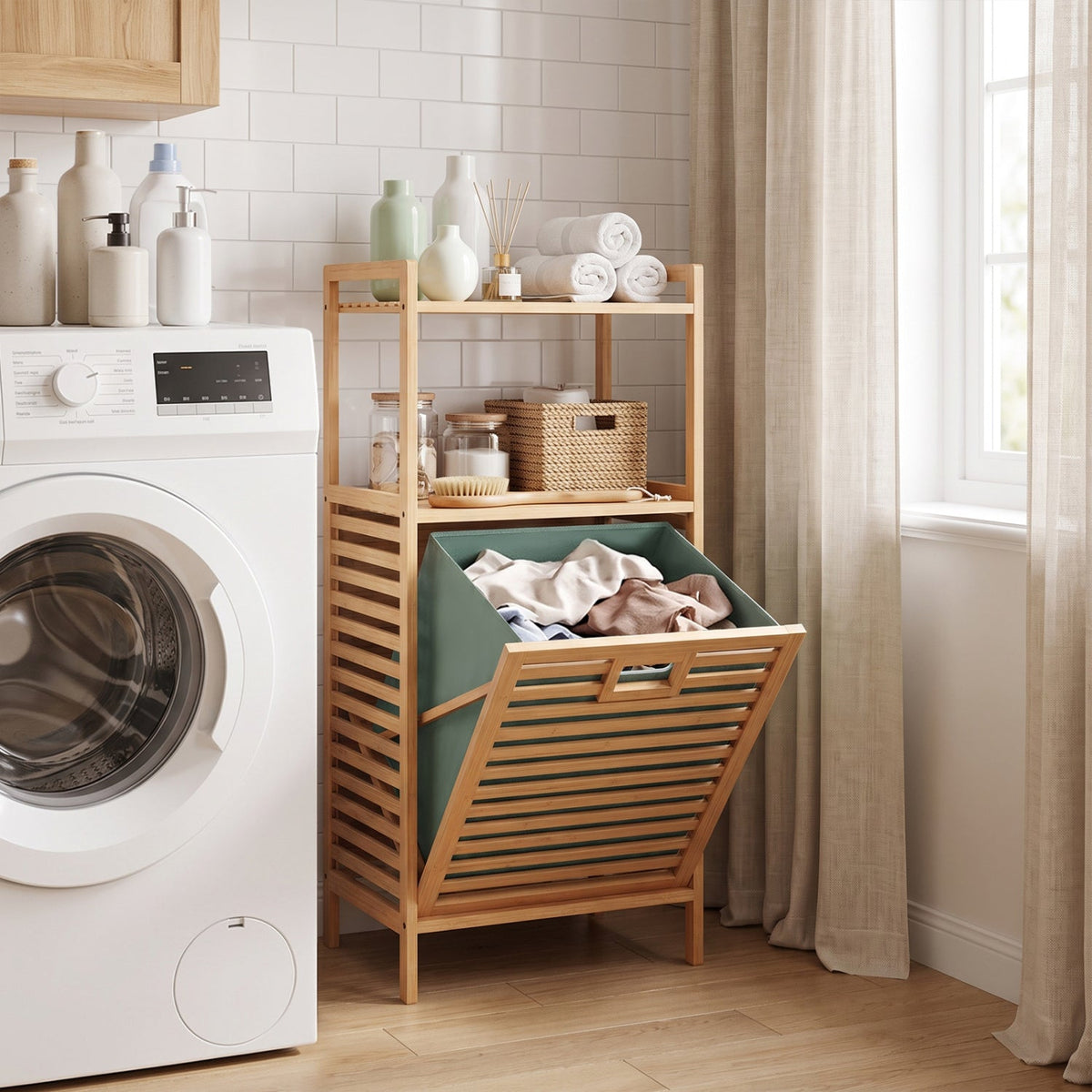 Bamboo Tilt out Laundry Hamper with Foldable and Removable Basket-Natural