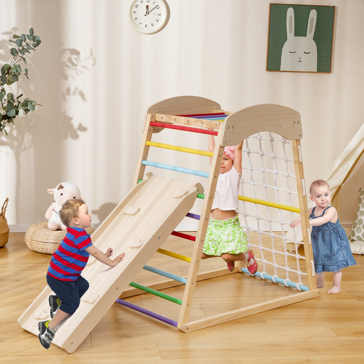 6-in-1 Jungle Gym Wooden Indoor Playground with Double-Sided Ramp and Monkey Bars