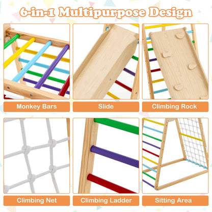6-in-1 Jungle Gym Wooden Indoor Playground with Double-Sided Ramp and Monkey Bars