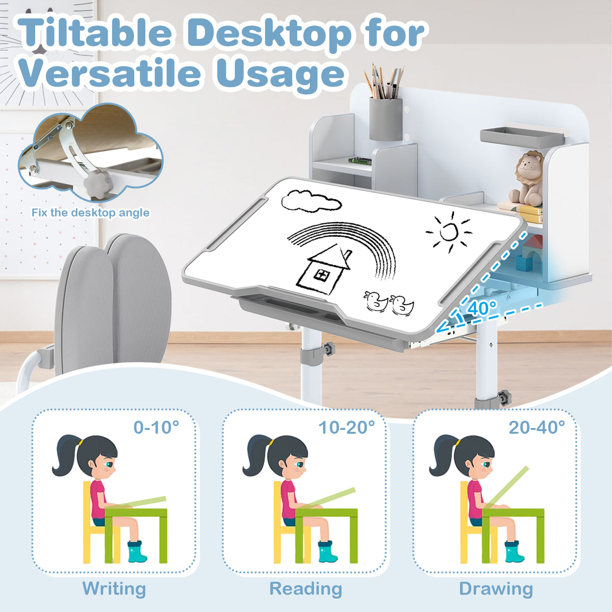 Kids Study Desk and Chair Set with Tilt Desktop
