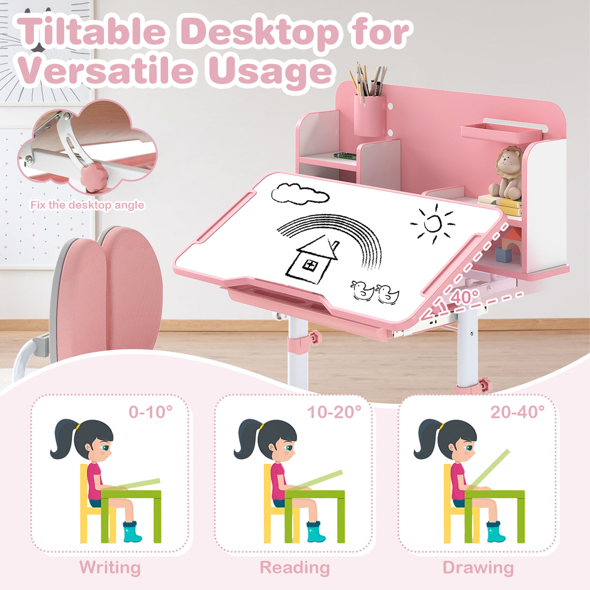 Kids Study Desk and Chair Set with Tilt Desktop