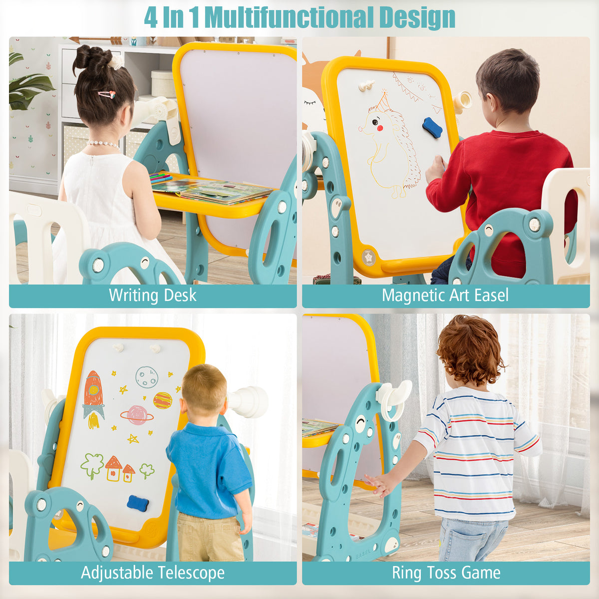 Kids Art Easel with Chair and Adjustable Whiteboard