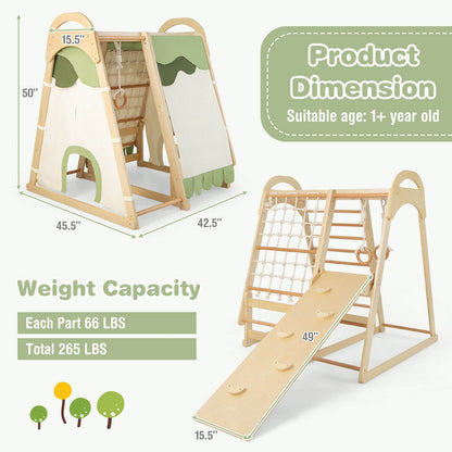 6-in-1 Wooden Kids Jungle Gym Playset with Slide Climbing Net-Natural