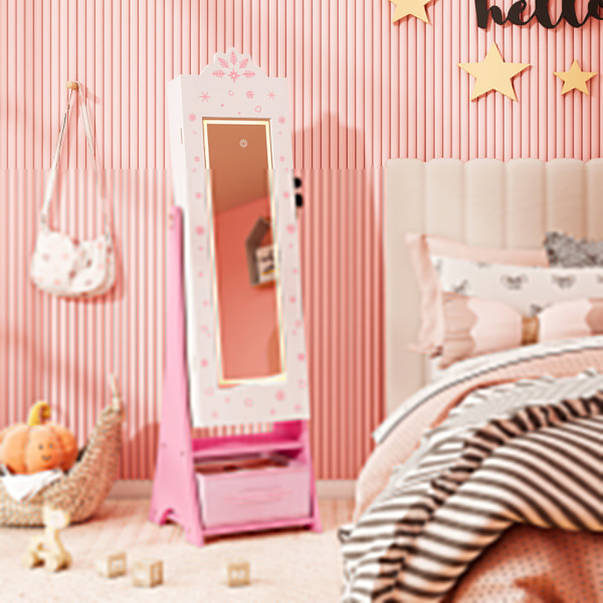 Kids Jewelry Armoire with Lighted Mirror and Storage