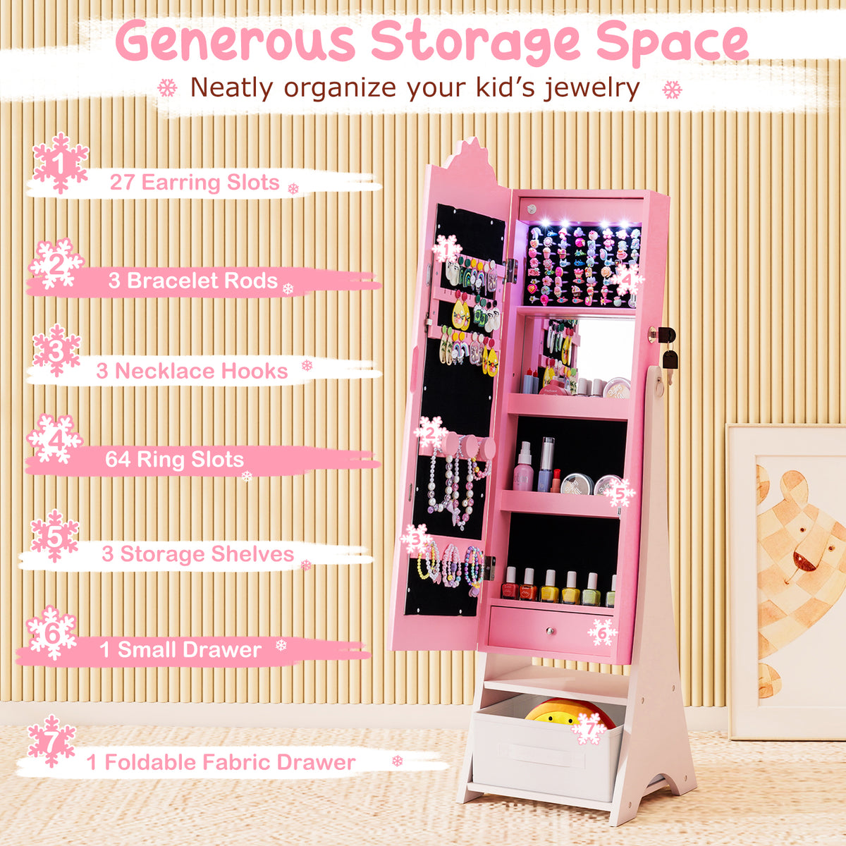 Kids Jewelry Armoire with Lighted Mirror and Storage
