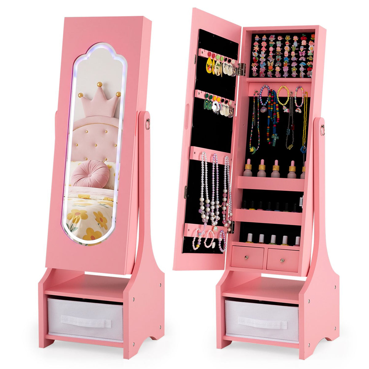 Kids Jewelry Armoire Cabinet with LED Light and Full-Length Mirror Storage Slots-Pink