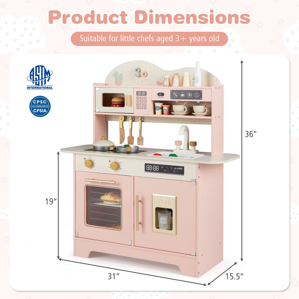 Kids Kitchen Playset with 17 Pcs Accessories and Oven Ice Maker and Stove
