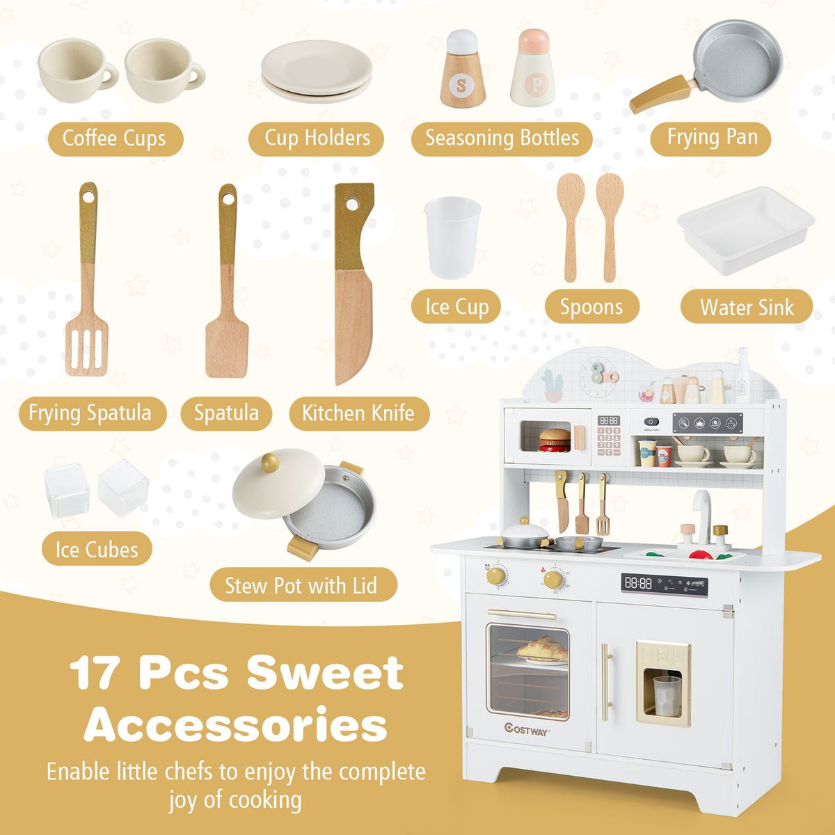 Kids Kitchen Playset with 17 Pcs Accessories and Oven Ice Maker and Stove