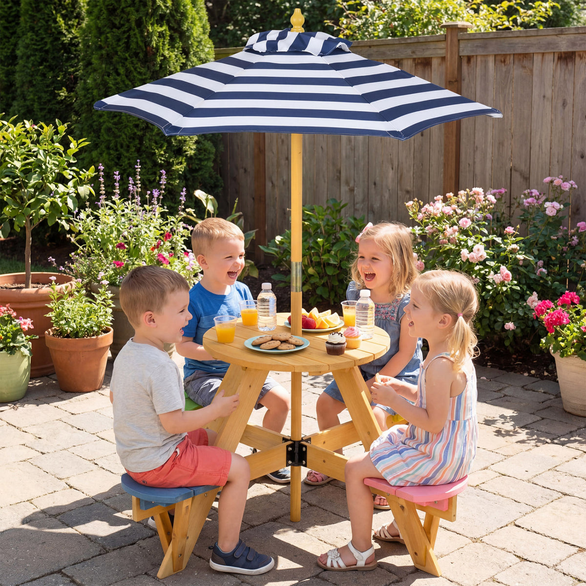 Kids Picnic Table with Umbrella and 4 Stools Set
