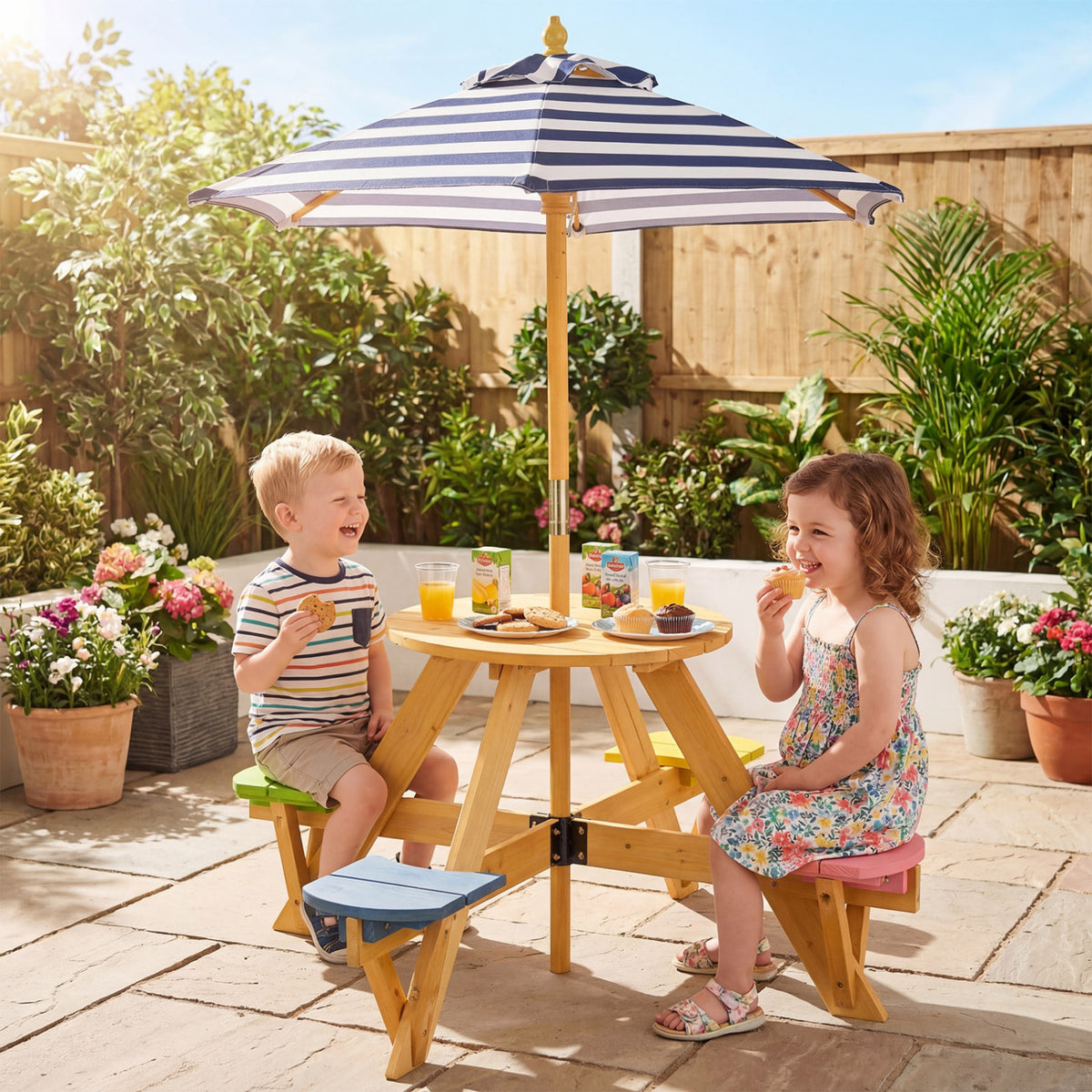 Kids Picnic Table with Umbrella and 4 Stools Set