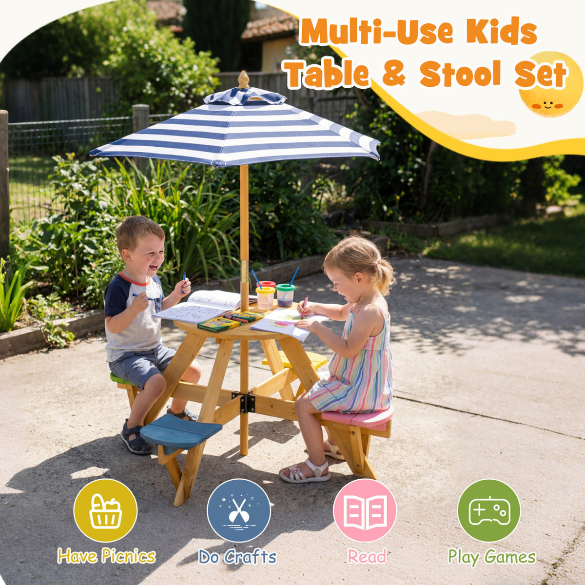 Kids Picnic Table with Umbrella and 4 Stools Set