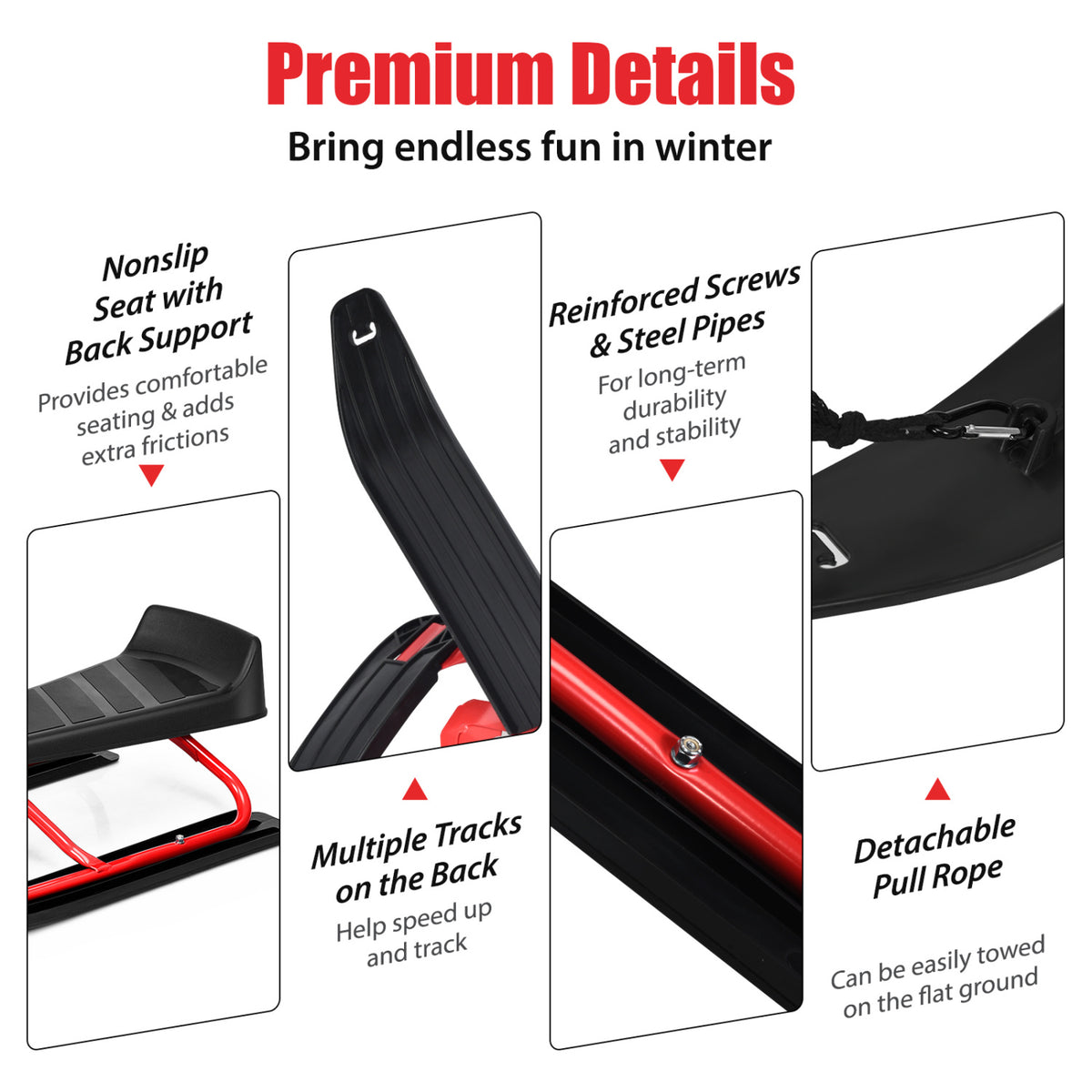 Kids Snow Sled with Steering Wheel and Double Brakes