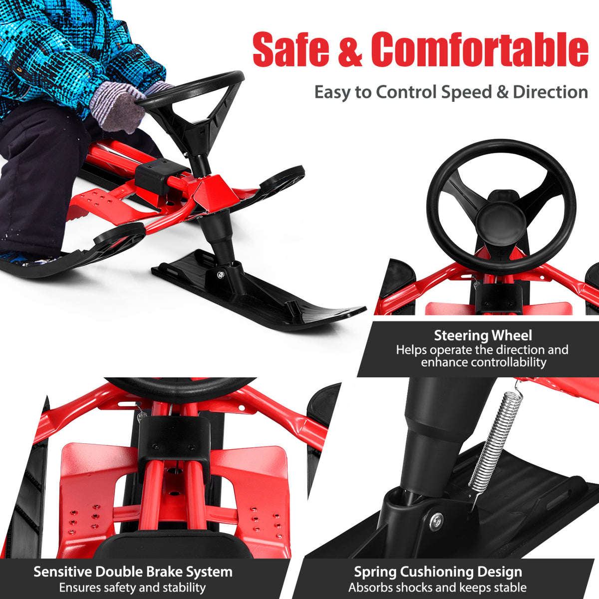 Kids Snow Sled with Steering Wheel and Double Brakes