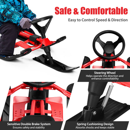 Kids Snow Sled with Steering Wheel and Double Brakes