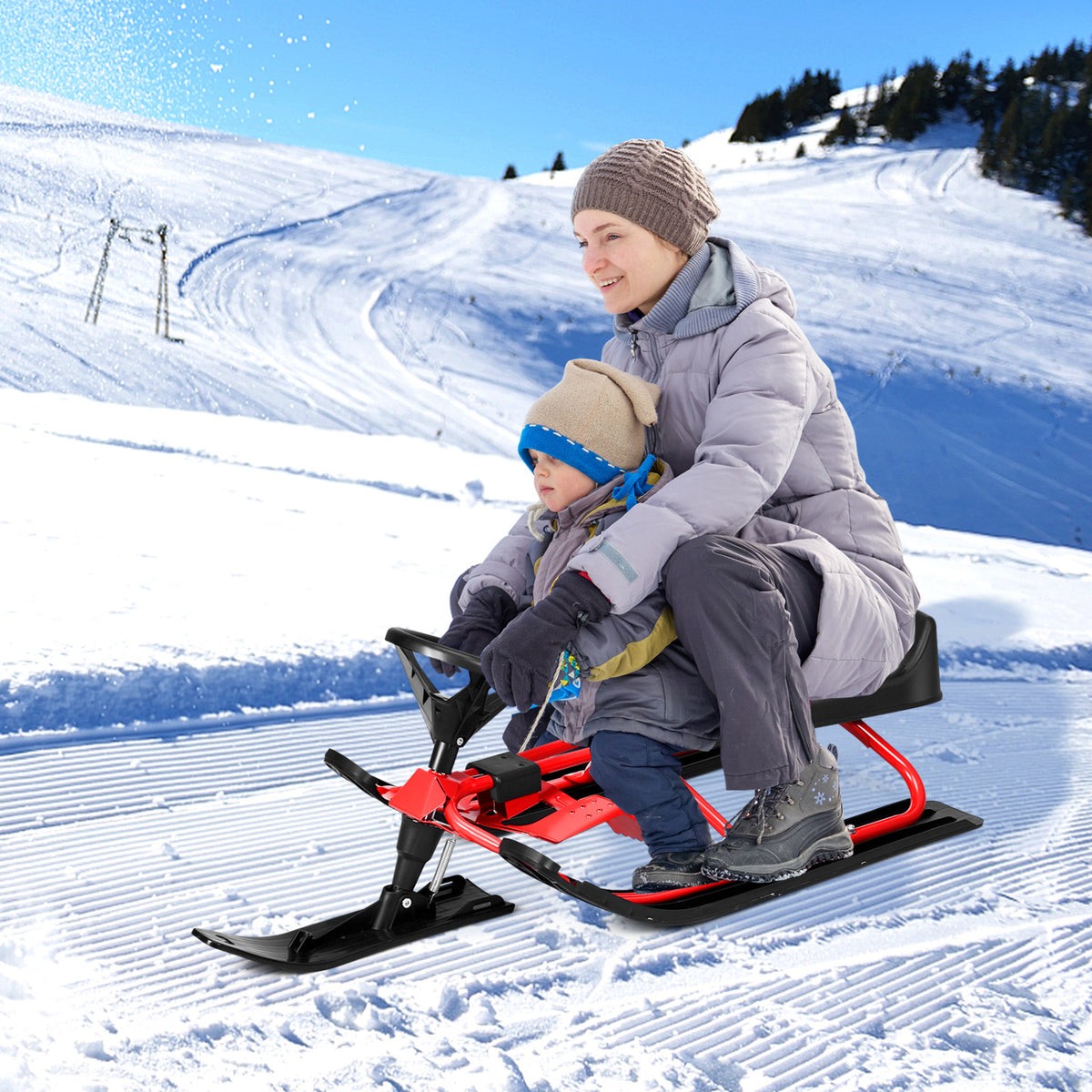 Kids Snow Sled with Steering Wheel and Double Brakes
