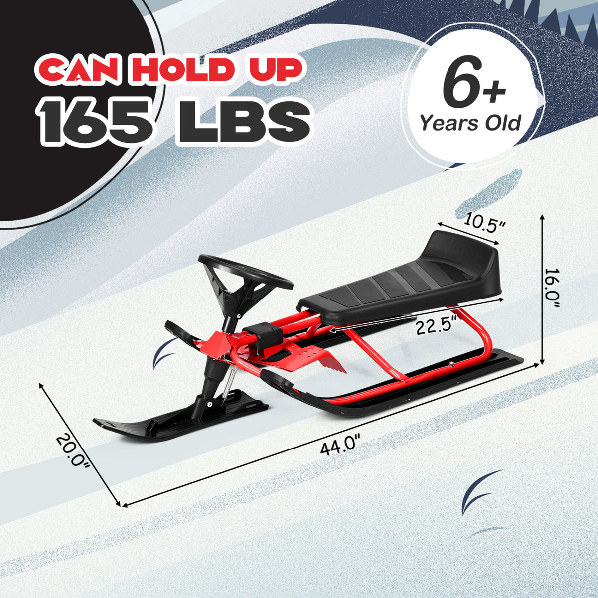 Kids Snow Sled with Steering Wheel and Double Brakes